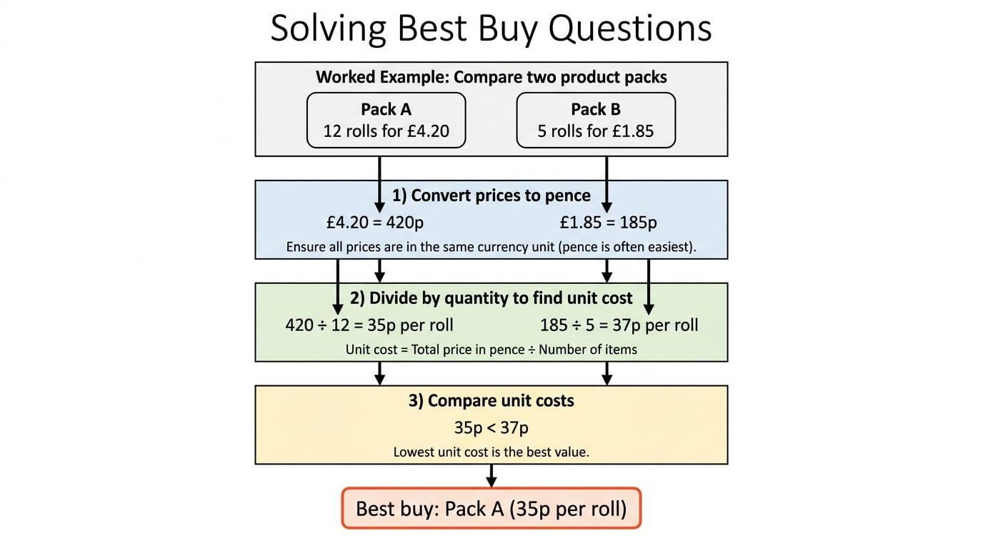Flowchart comparing 12 rolls for £4.20 and 5 rolls for £1.85, converting to pence, finding 35p and 37p per roll, and choosing the lower unit cost
