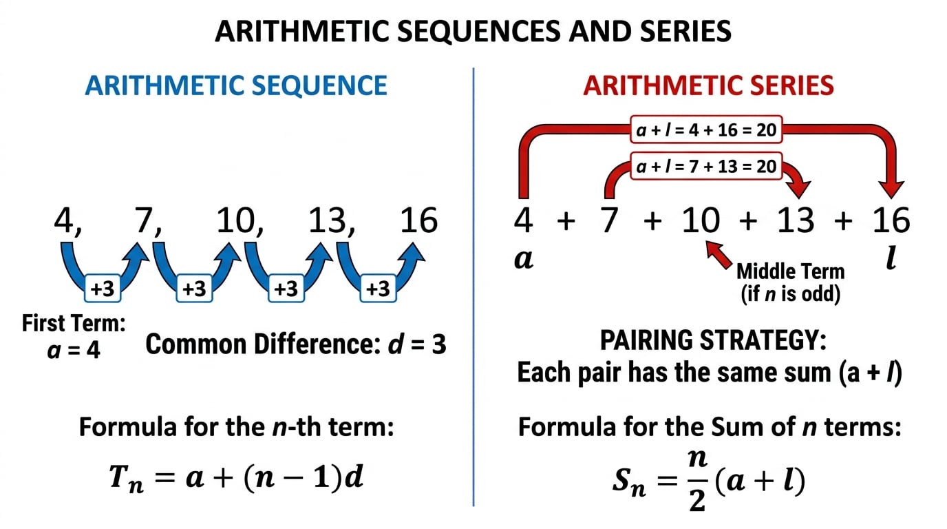Arithmetic sequence 4, 7, 10, 13, 16 with equal +3 jumps, and paired first-last terms showing the arithmetic series formula