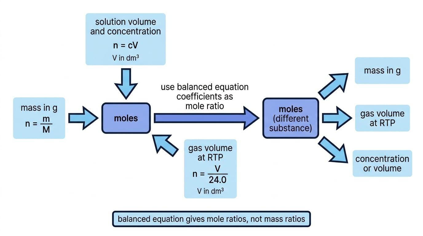 Stoichiometry map showing mass, solution and gas conversions into moles, then use of balanced equation coefficients to reach moles of another substance and convert out again