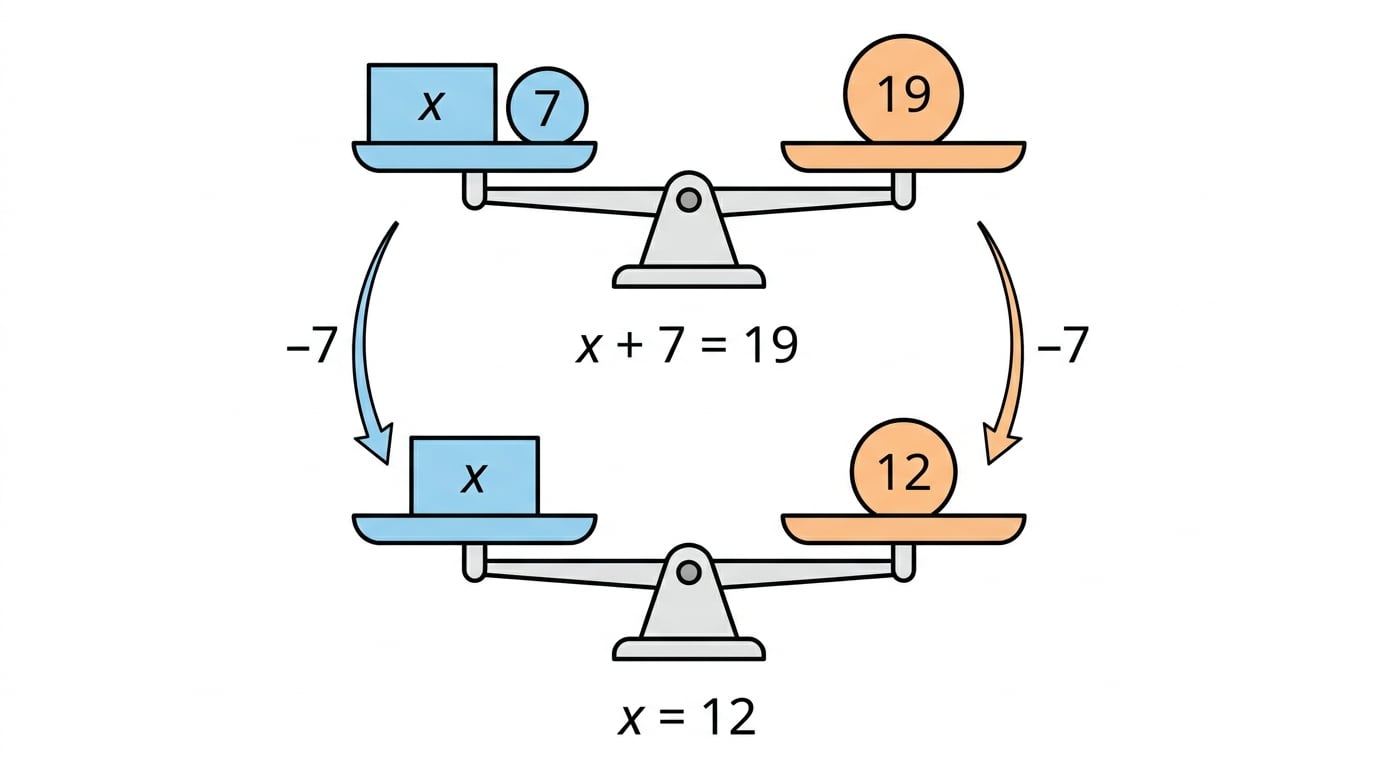 Balance scale showing x+7 on one side and 19 on the other, then subtracting 7 from both sides to leave x=12