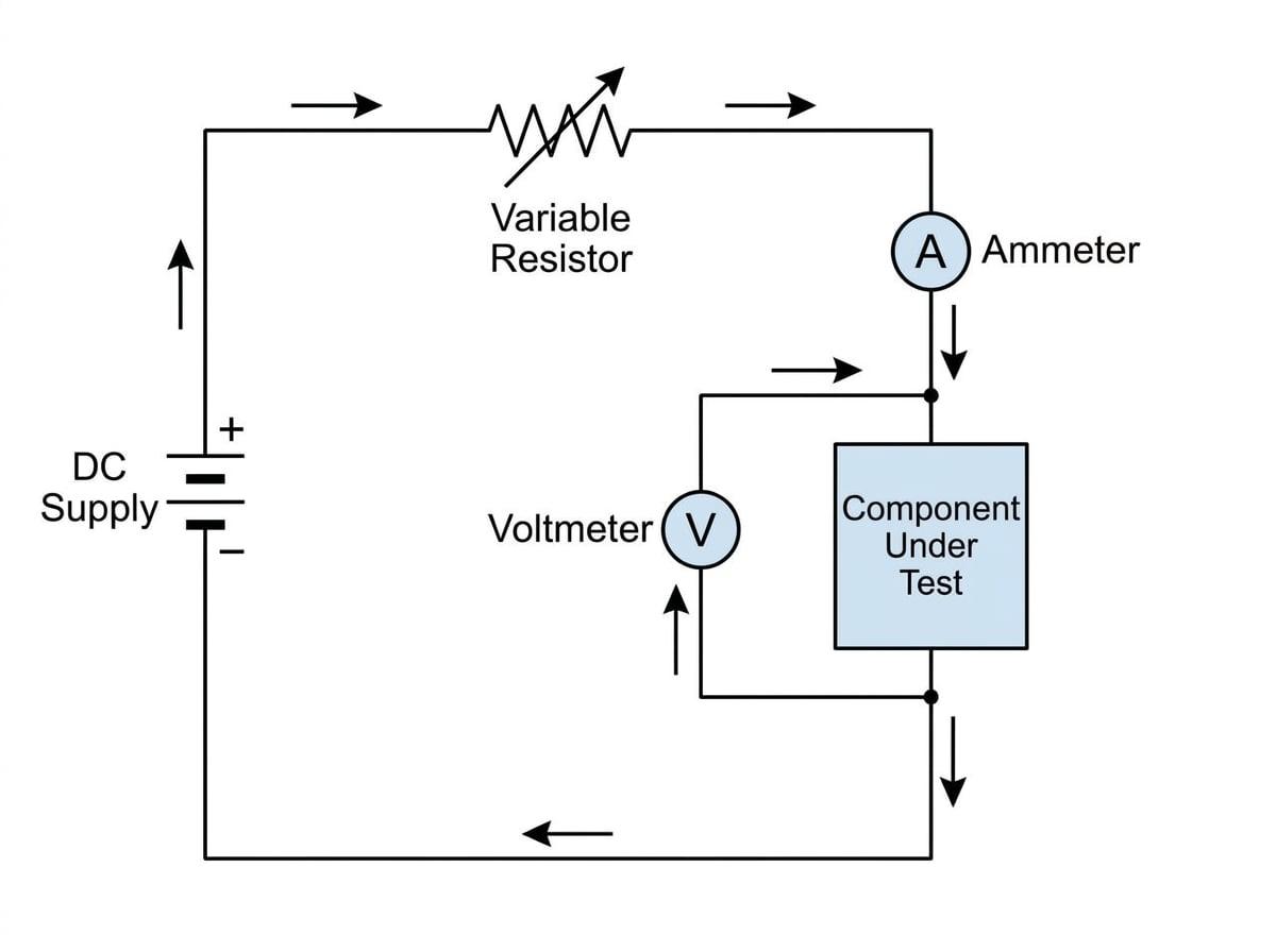 Circuit used to measure an I-V characteristic with a power supply, variable resistor, ammeter in series, and voltmeter across the component