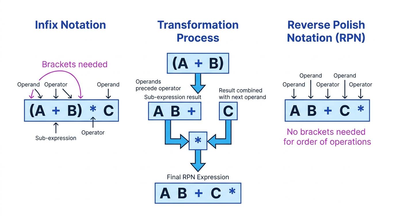 Comparison of infix expression (A + B) * C and RPN expression A B + C *, showing the sub-expression A + B transformed before multiplication