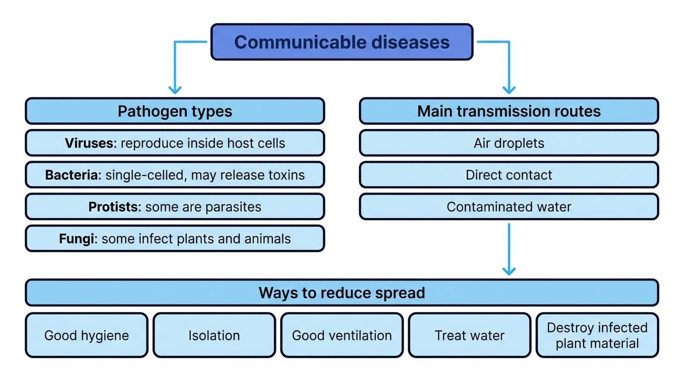 Summary flowchart showing communicable diseases, pathogen types, transmission routes, and ways to reduce spread