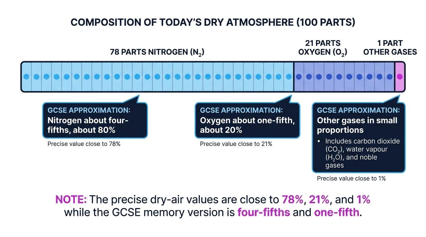 Bar model of 100 parts of dry air showing 78 parts nitrogen, 21 parts oxygen and 1 part other gases, with GCSE approximations of about four-fifths nitrogen and about one-fifth oxygen