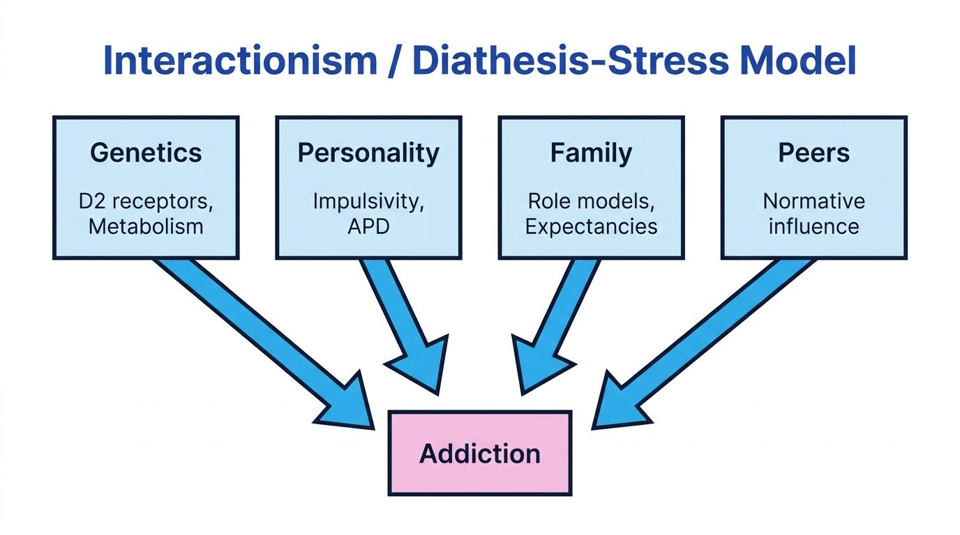 Flowchart showing Genetics, Personality, Family, and Peers acting as interacting risk factors for Addiction