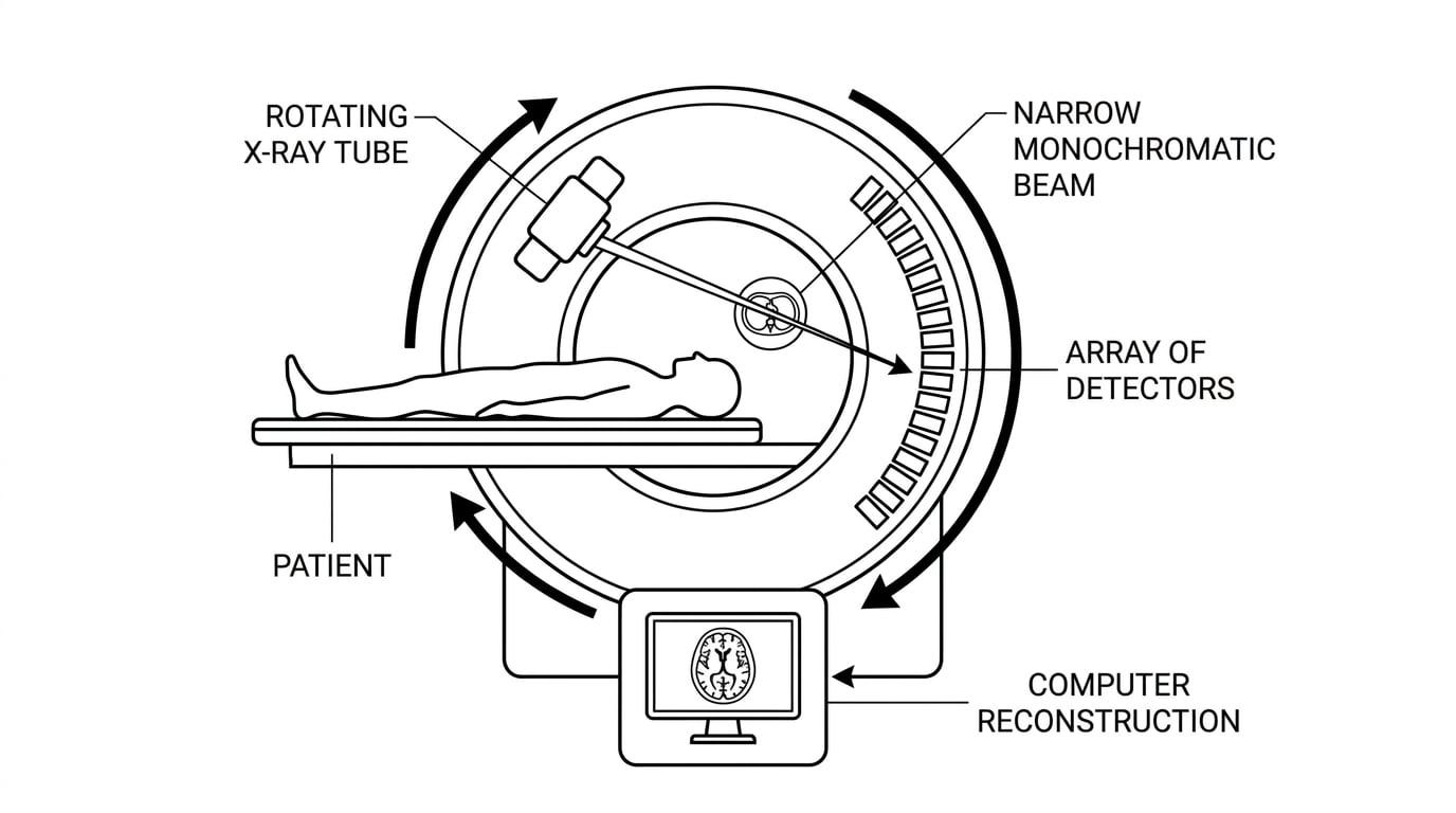 Labelled CT scanner setup with a patient on a table, a rotating X-ray tube, a narrow monochromatic beam, and an array of detectors around the gantry