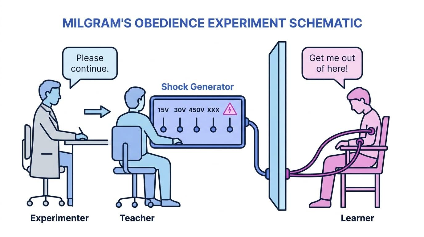 Schematic diagram showing Milgram's experimental design: the Experimenter sitting at a desk, the Teacher at a shock generator with voltage labels, and the Learner strapped into a chair on the other side of a wall.