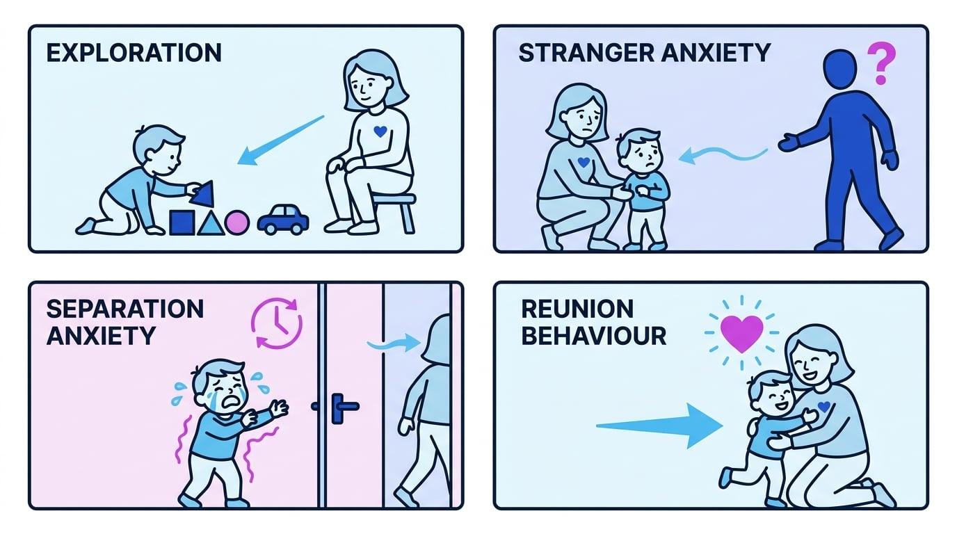Diagram showing the four key behaviours measured in Ainsworth's Strange Situation: Exploration, Stranger Anxiety, Separation Anxiety, and Reunion Behaviour