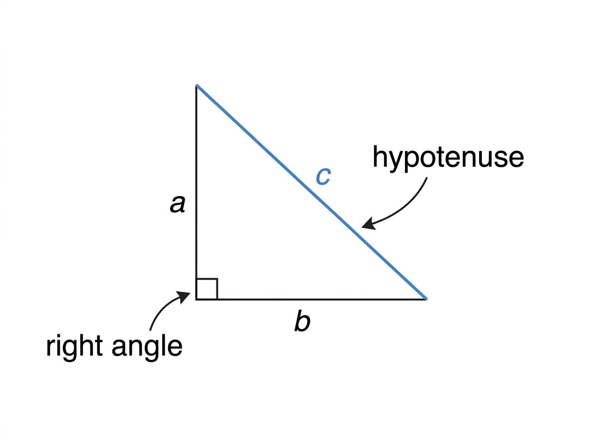 Labelled right-angled triangle with sides a and b as shorter sides and side c as the hypotenuse opposite the right angle