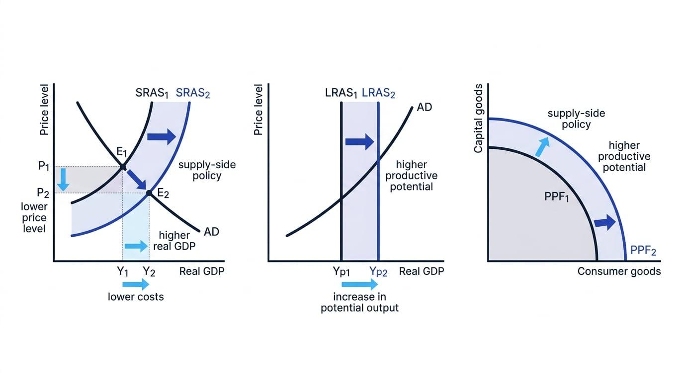 Diagram showing SRAS and LRAS shifting right and the PPF moving outward