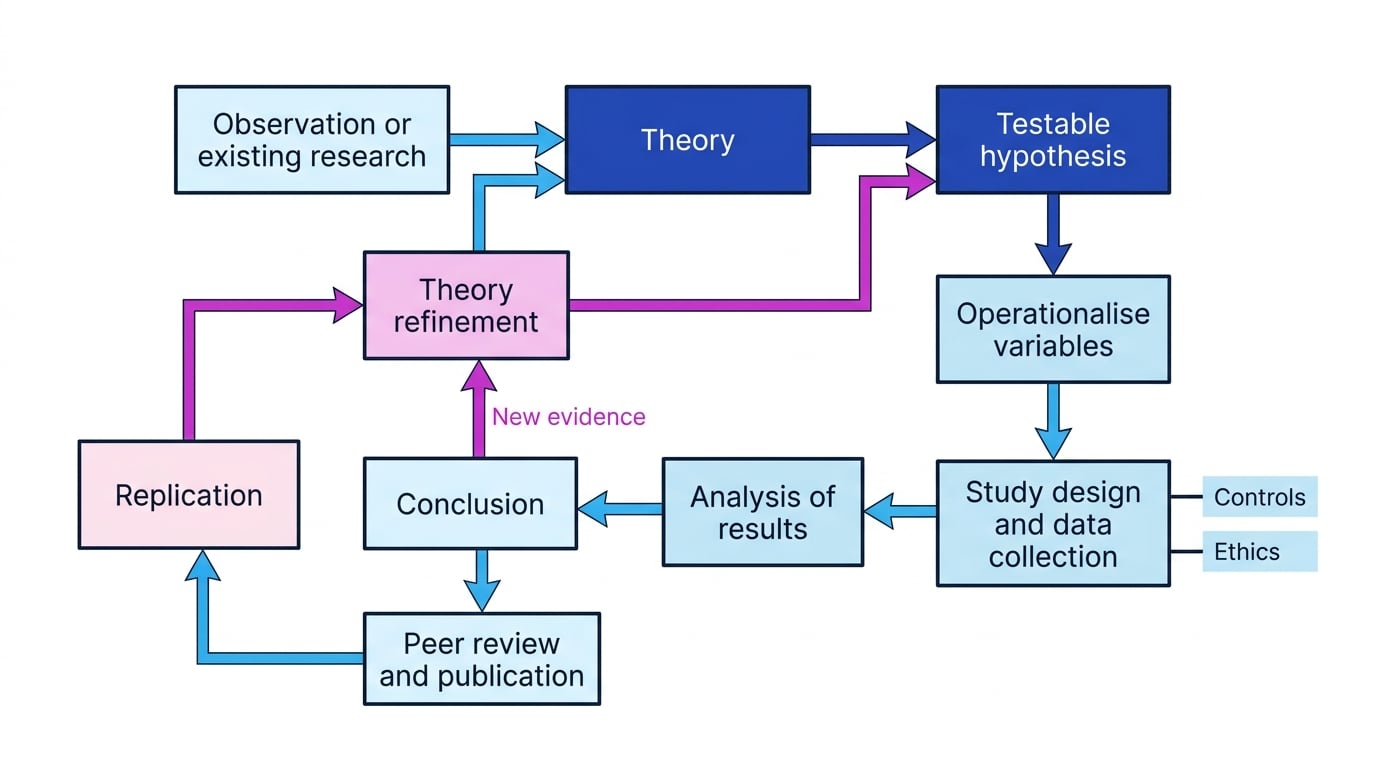 Flowchart of the scientific process in psychology showing observation or existing research, theory, testable hypothesis, operationalising variables, study design and data collection, analysis of results, conclusion, peer review and publication, replication, and theory refinement