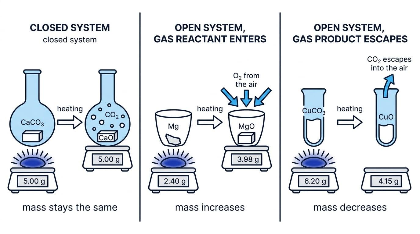 Three-panel comparison of a sealed flask with unchanged mass, an open crucible where oxygen enters and mass increases, and an open test tube where carbon dioxide escapes and mass decreases