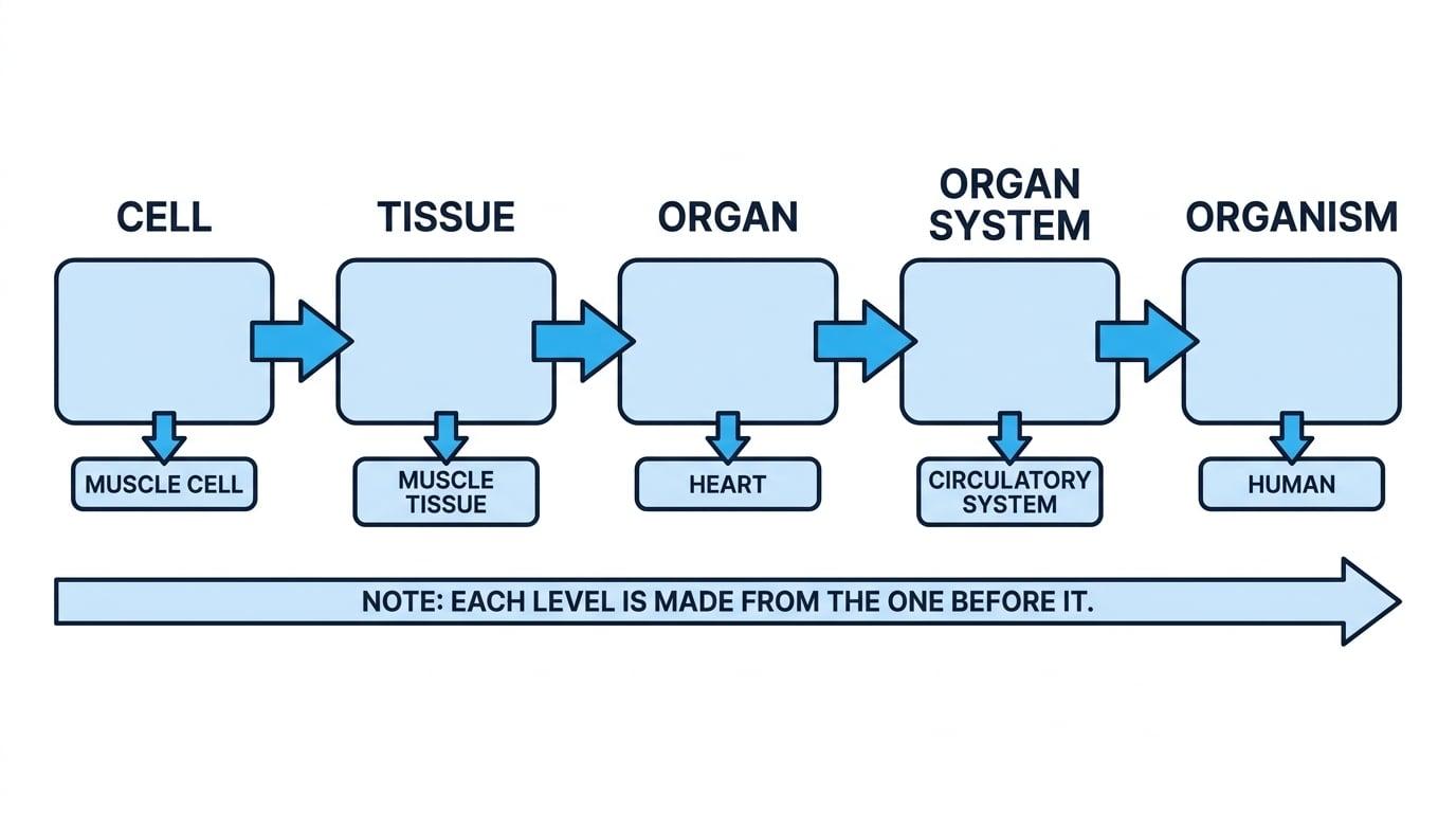 Flowchart of biological organisation from cell to tissue to organ to organ system to organism, with labels muscle cell, muscle tissue, heart, circulatory system, and human
