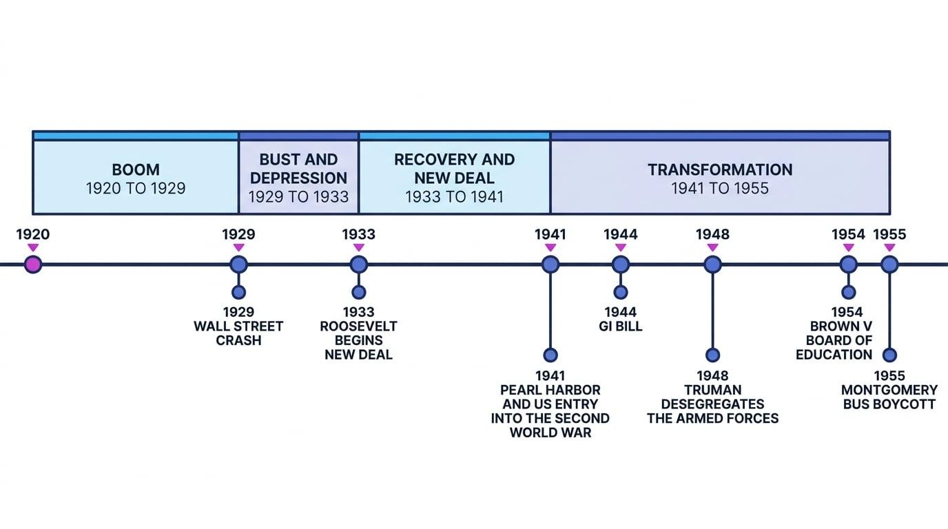 Timeline from 1920 to 1955 showing boom, bust and depression, Recovery and New Deal, wartime transformation, Brown v Board and Montgomery Bus Boycott