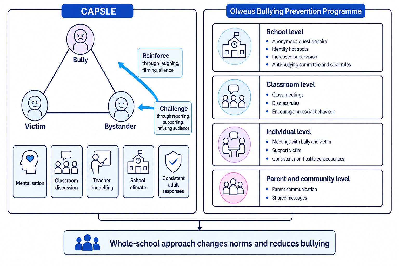 Comparison schematic showing CAPSLE bully-victim-bystander roles and the Olweus programme at school, classroom, individual, and parent levels