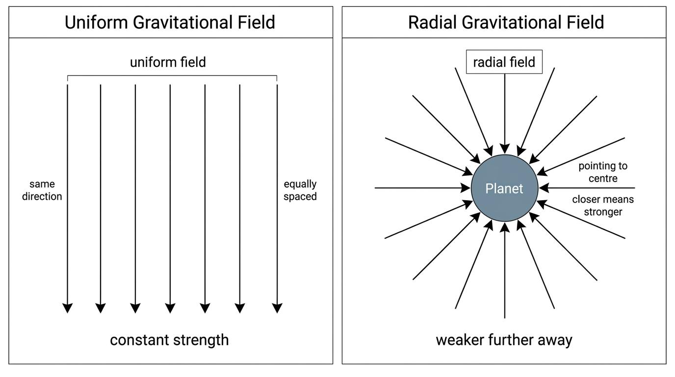Field lines comparing a uniform gravitational field with parallel downward arrows and a radial gravitational field around a planet with arrows toward the centre and lines spreading out with distance