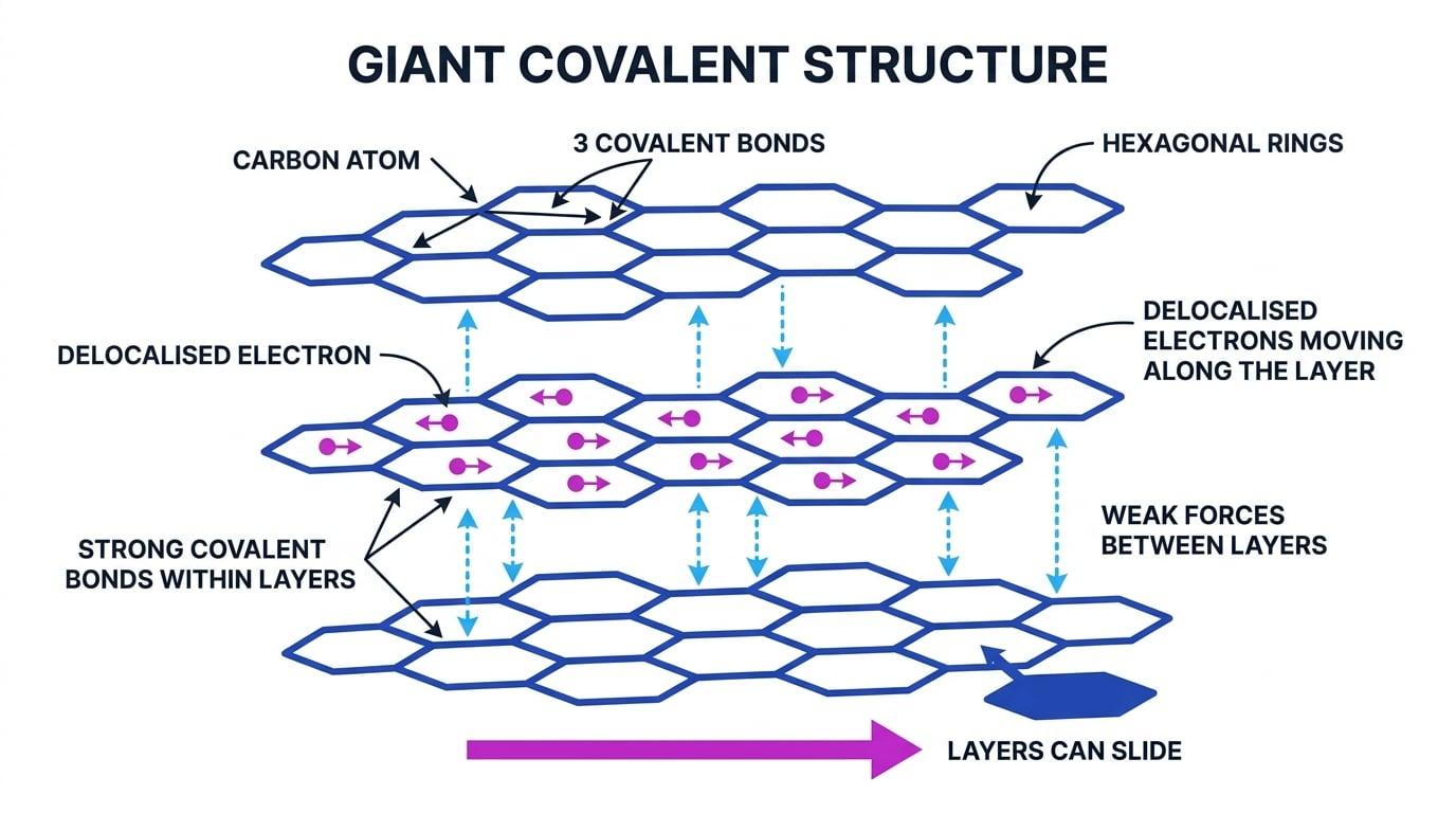 Labelled structure of graphite showing carbon layers in hexagonal rings, strong covalent bonds within layers, weak forces between layers, sliding layers, and delocalised electrons