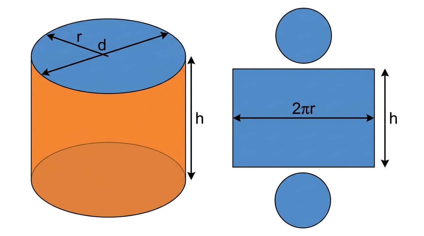 Labelled cylinder showing radius, diameter, height, and the curved surface unwrapped into a rectangle of width 2πr and height h