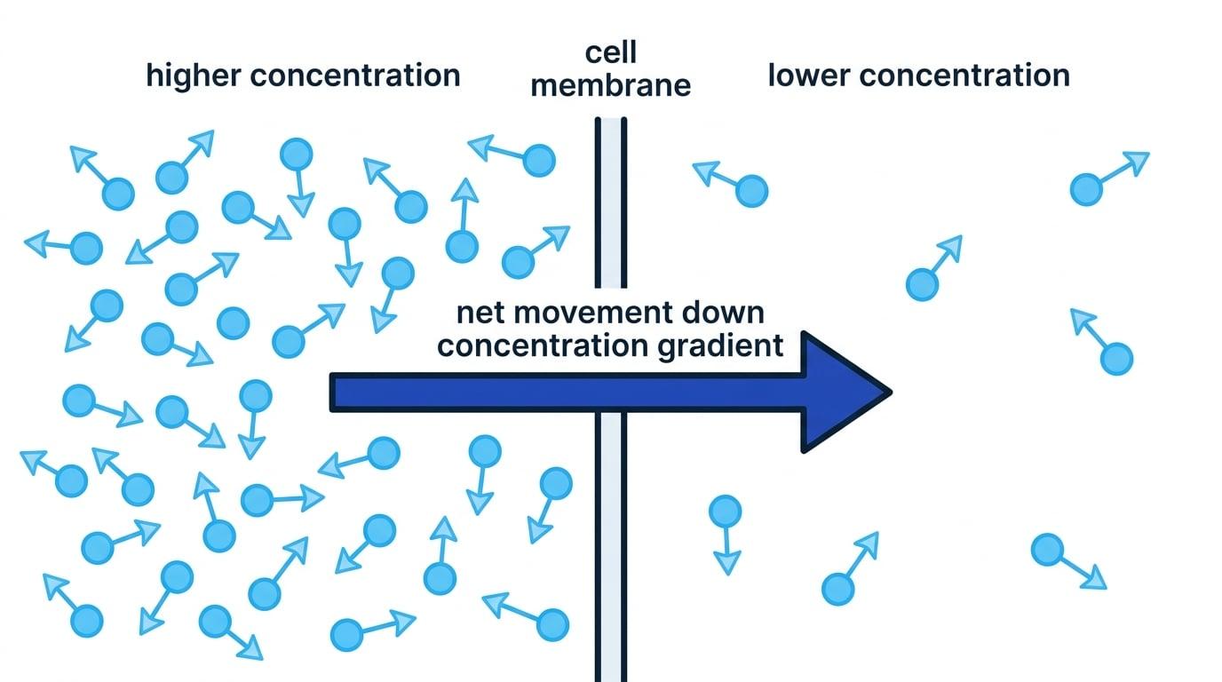 Particles on either side of a cell membrane showing net movement from a higher concentration side to a lower concentration side