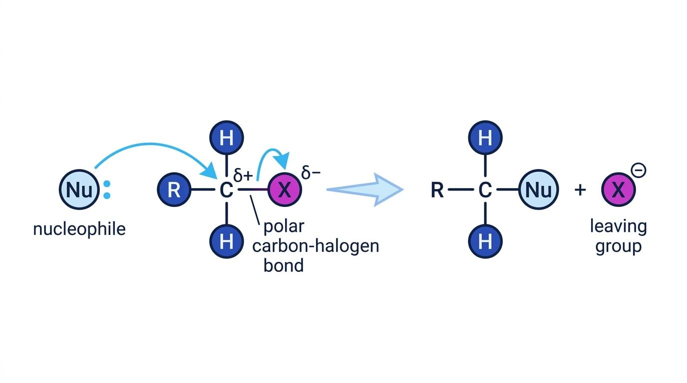 General nucleophilic substitution mechanism showing a nucleophile attacking a delta positive carbon and the halogen leaving