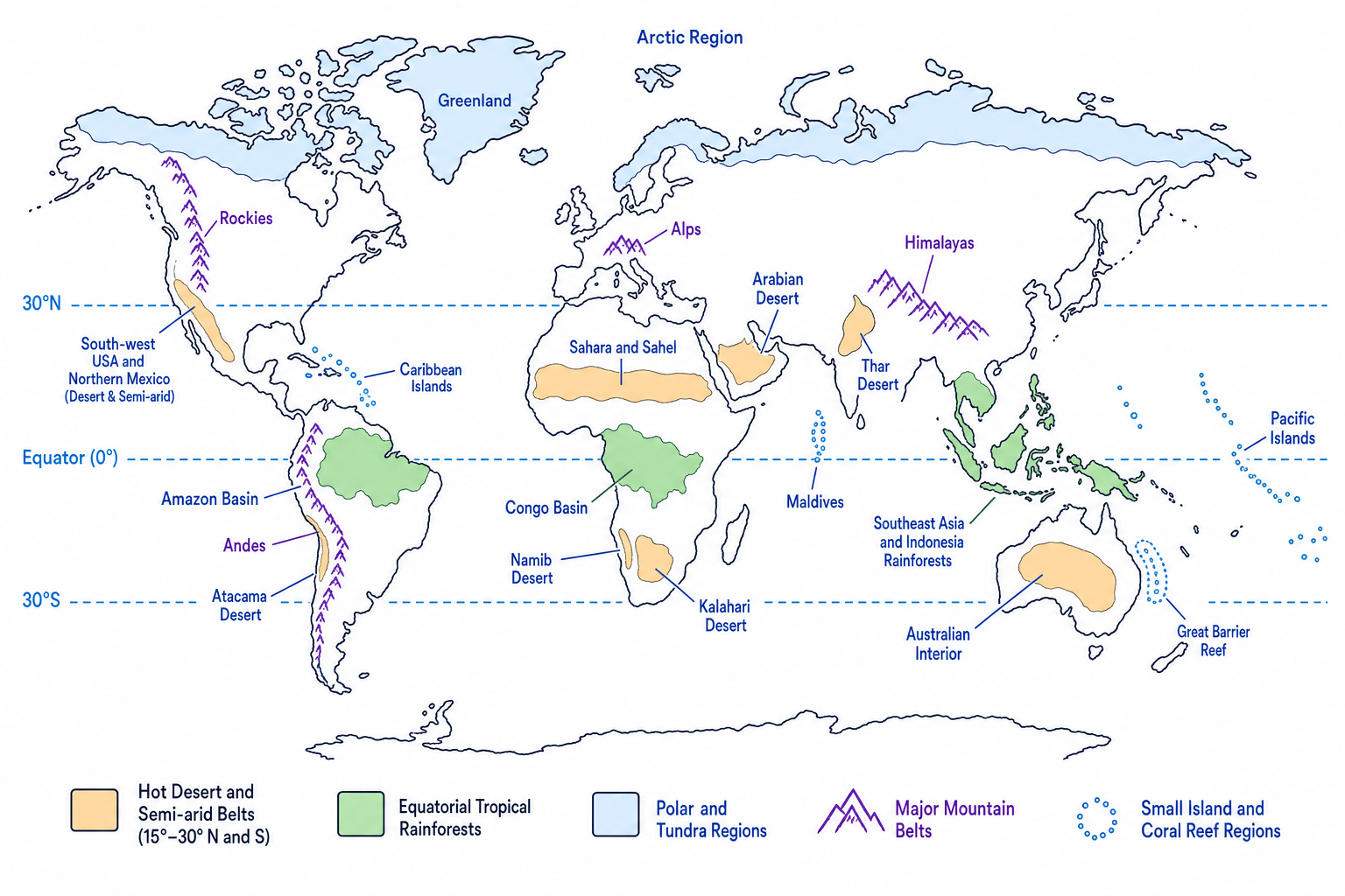 World map showing fragile environments concentrated in desert belts around 15 to 30 degrees north and south, equatorial rainforests, polar regions, mountain belts, and small island and coral reef regions