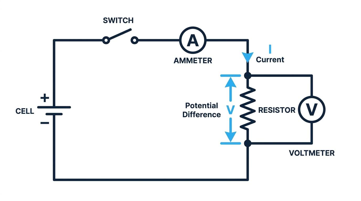 Circuit with a cell and switch, an ammeter in series with a resistor, and a voltmeter in parallel across the resistor, with current and potential difference labelled
