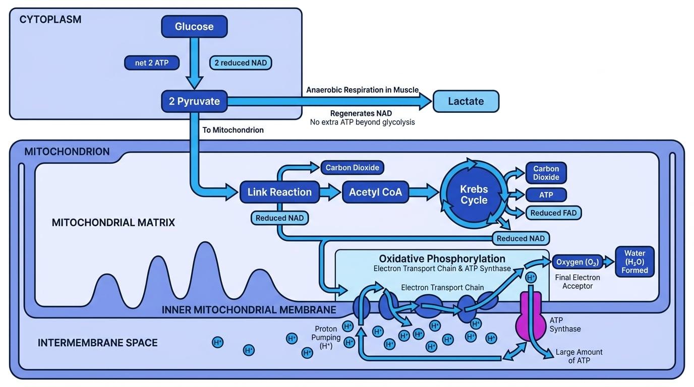 Flowchart of glucose being broken down by glycolysis in the cytoplasm, then link reaction, Krebs cycle and oxidative phosphorylation in the mitochondrion, with an anaerobic branch from pyruvate to lactate