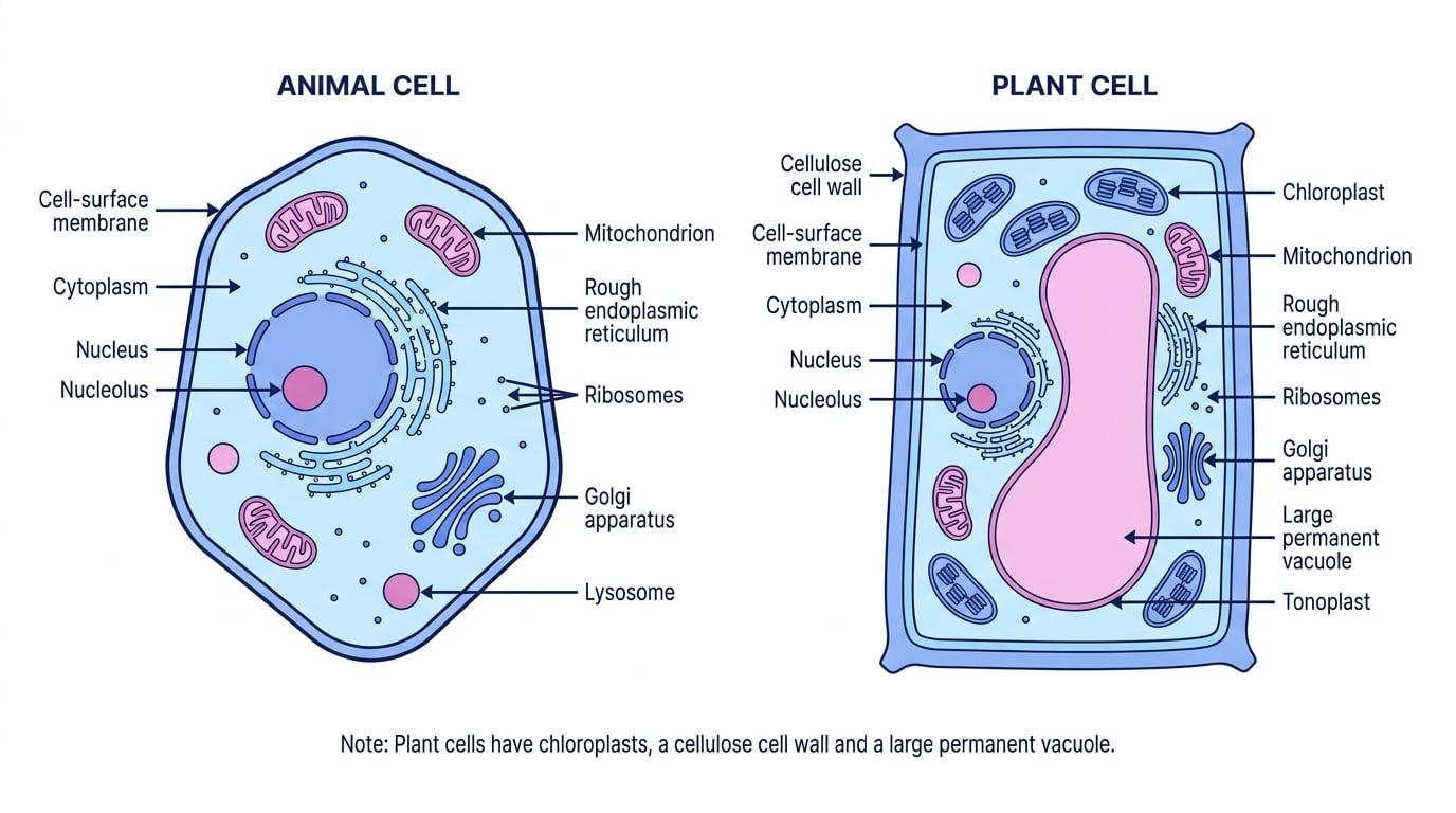 Side-by-side labelled animal and plant cells showing nucleus, mitochondria, ER, Golgi, chloroplasts, cell wall and vacuole