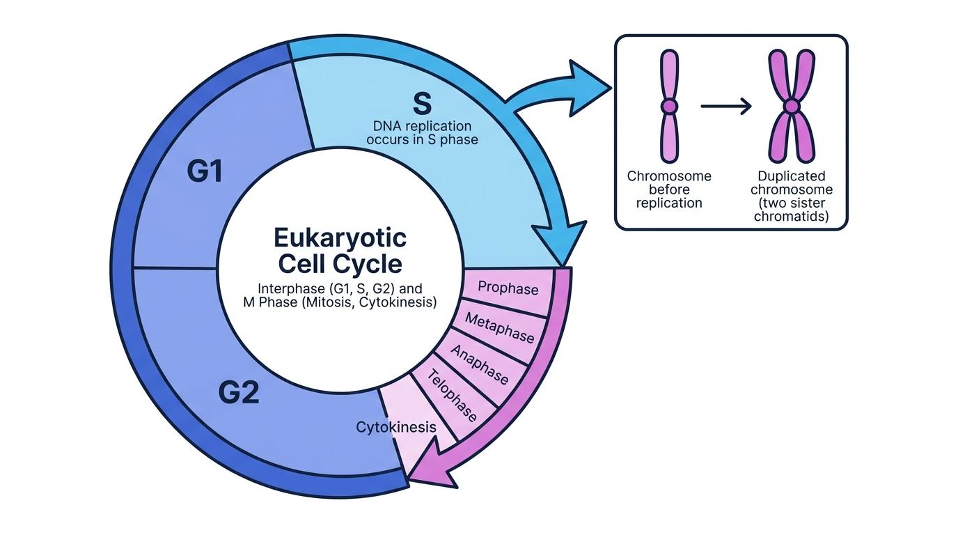 Labelled eukaryotic cell cycle showing G1, S, G2, mitosis, cytokinesis, and a chromosome becoming two sister chromatids in S phase