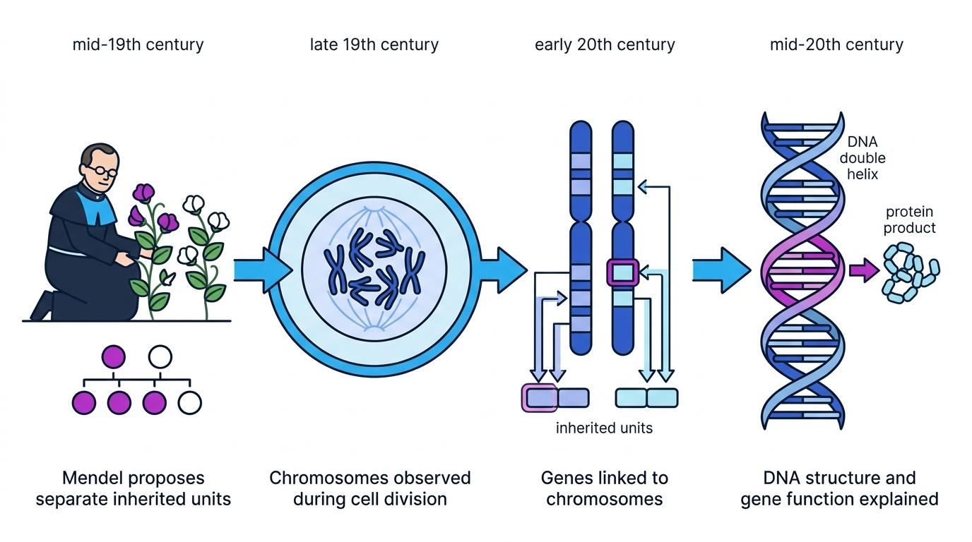Timeline showing Mendel's pea plant experiments, chromosomes seen during cell division, genes linked to chromosomes, and DNA structure explaining gene function
