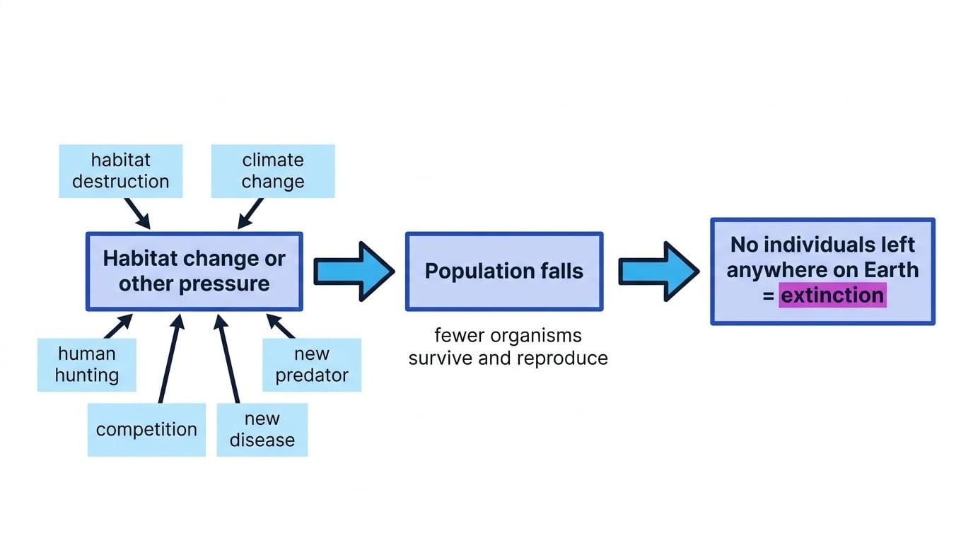 Flowchart showing extinction pressures such as habitat destruction, climate change, hunting, competition, new disease and new predators leading to population fall and then extinction