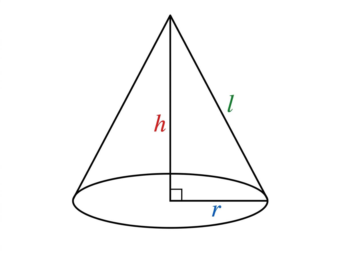 Labelled cone showing base radius, vertical height, slant height, and the right triangle inside the cone