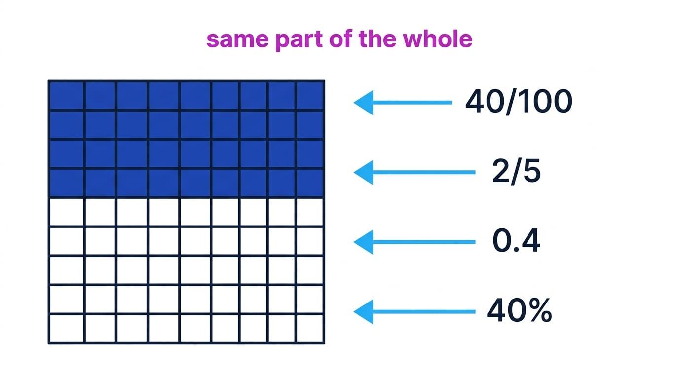 Hundred square with 40 shaded and labels 40/100, 2/5, 0.4 and 40% showing equivalent amounts