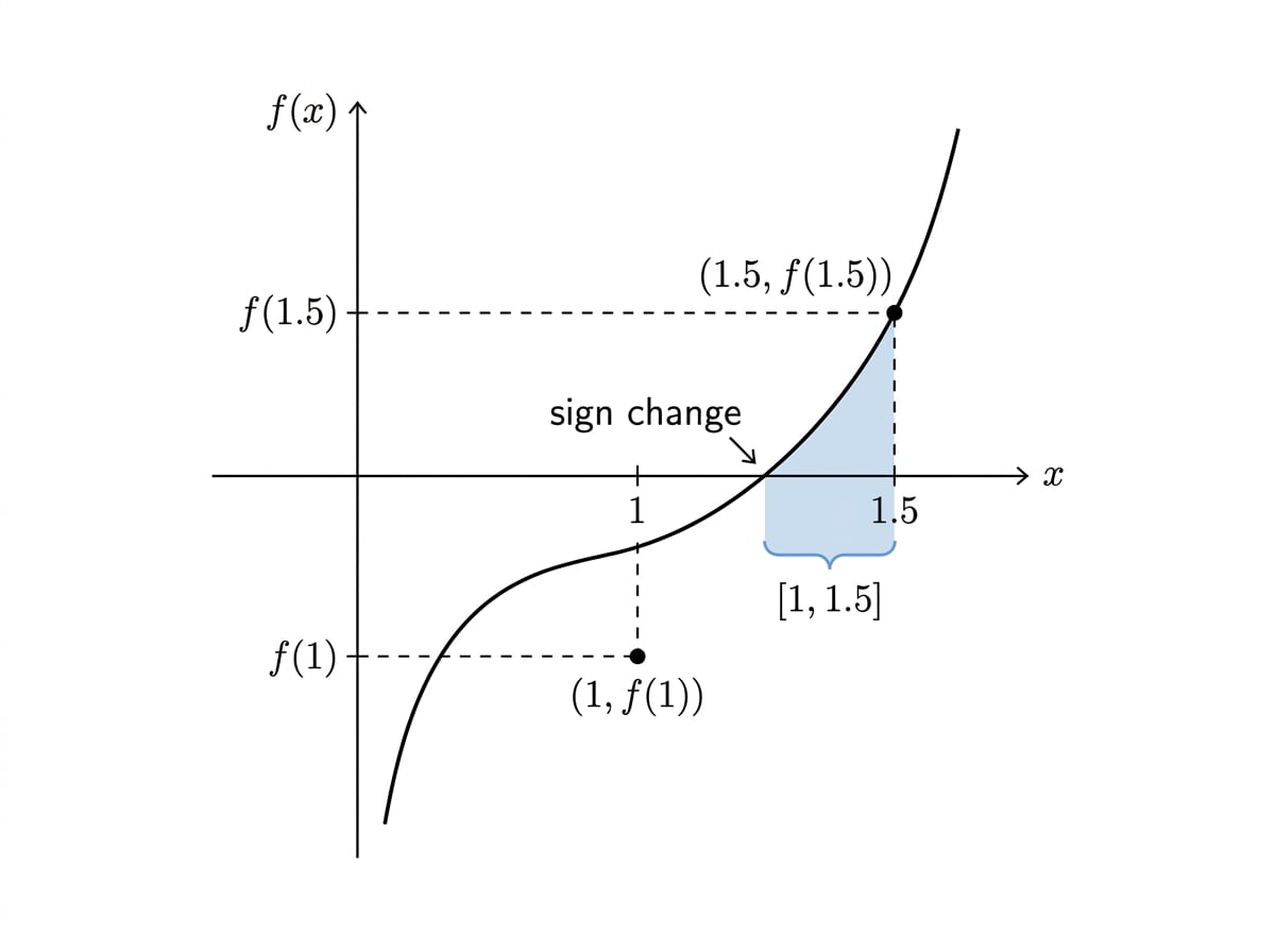 Continuous curve crossing the x-axis between x equals 1 and x equals 1.5, with f(1) below the axis and f(1.5) above it