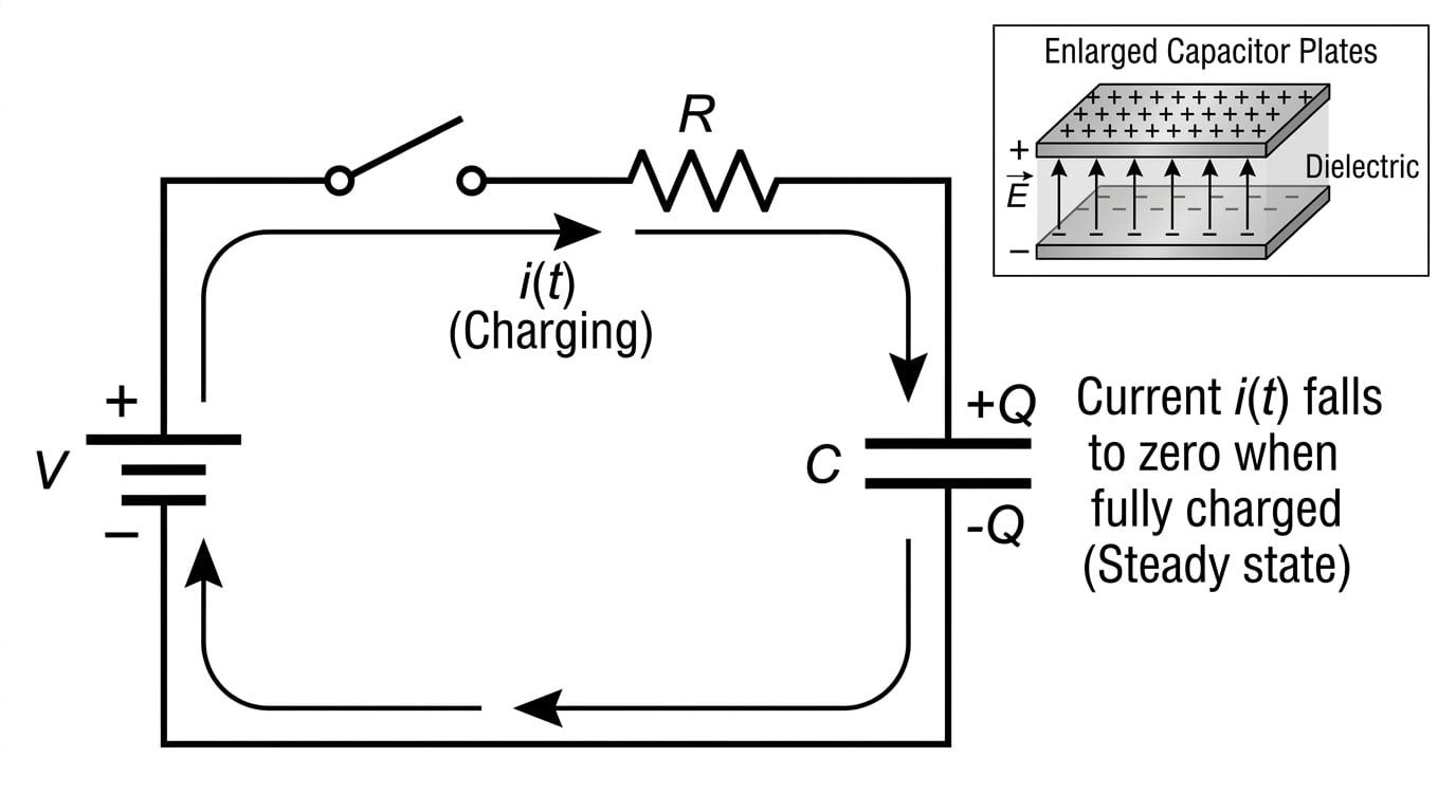 Circuit with a battery, resistor, switch and capacitor, plus enlarged capacitor plates labelled +Q and -Q separated by a dielectric