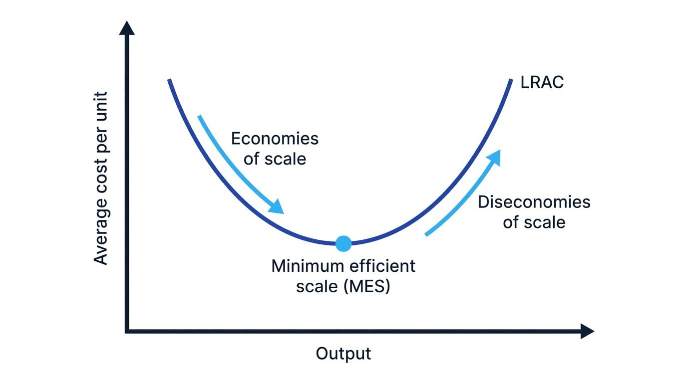 Long-run average cost curve with output on the horizontal axis, average cost per unit on the vertical axis, and economies of scale, minimum efficient scale, and diseconomies of scale labelled