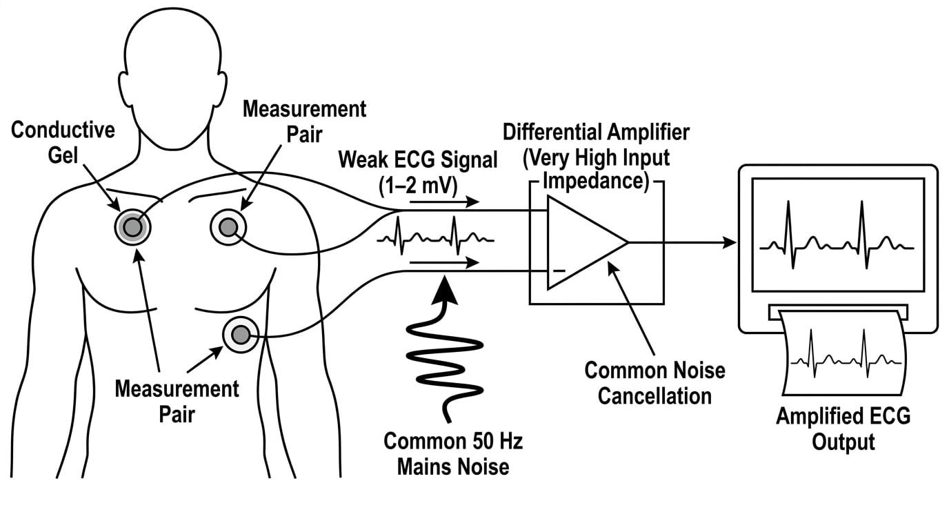 Torso with ECG electrodes feeding a high-input-impedance differential amplifier that cancels common mains noise and outputs an amplified trace