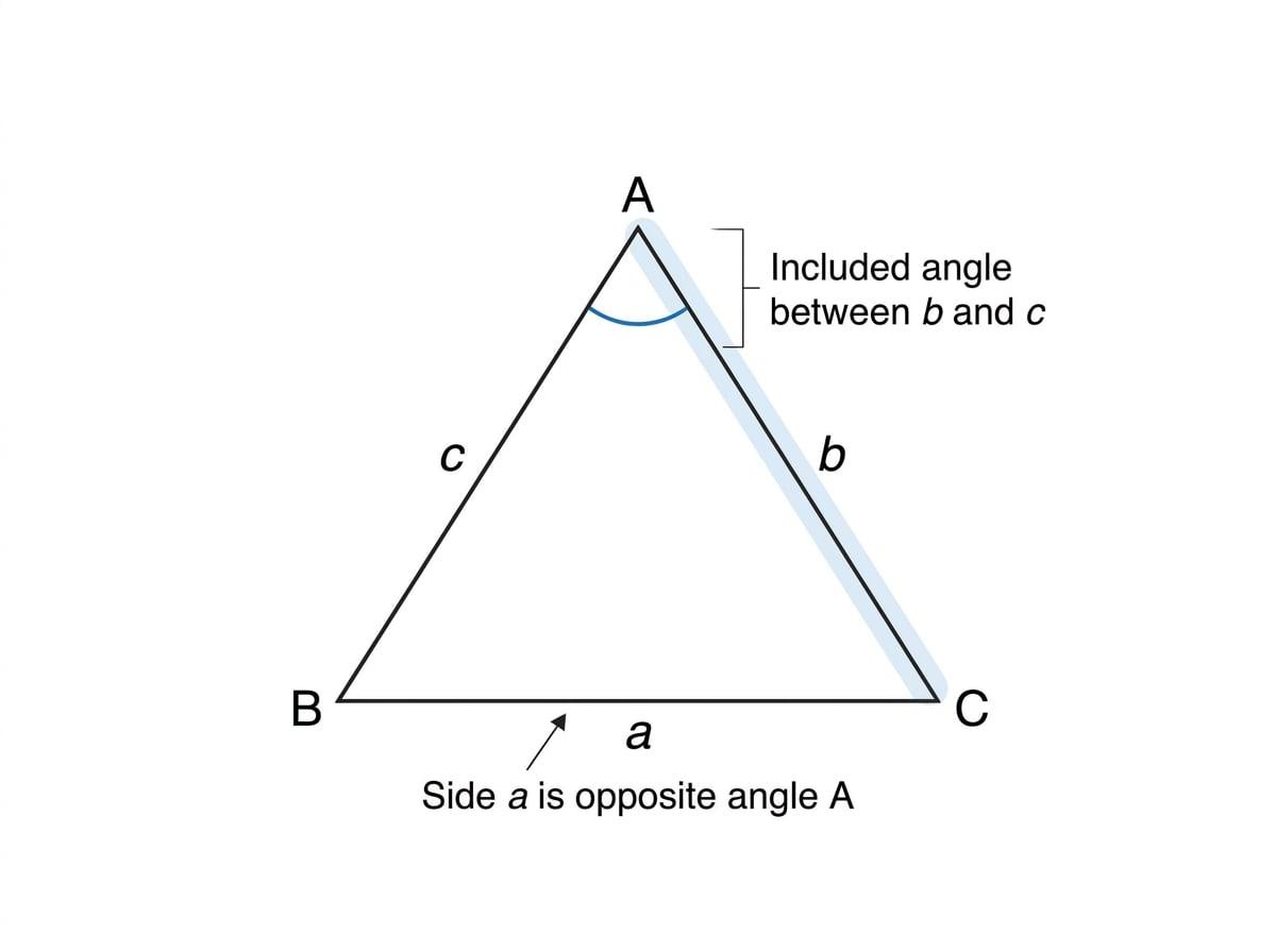 Triangle ABC with angle A highlighted, side a opposite angle A, and sides b and c meeting at the included angle