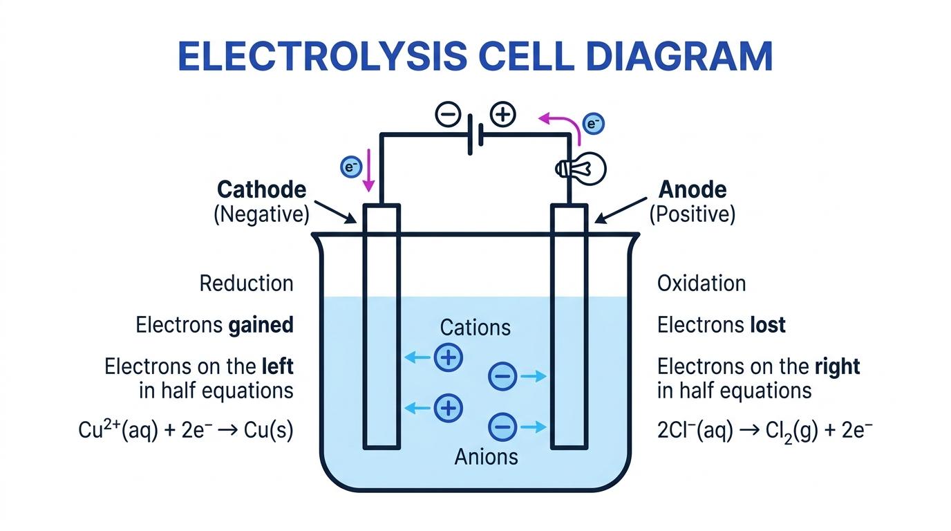 Electrolysis cell with cathode and anode labelled, cations moving to the cathode, anions moving to the anode, and example half equations at each electrode