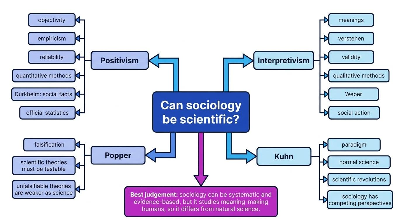Concept map of the debate over whether sociology can be scientific, showing branches for positivism, interpretivism, Popper and Kuhn leading to a balanced conclusion
