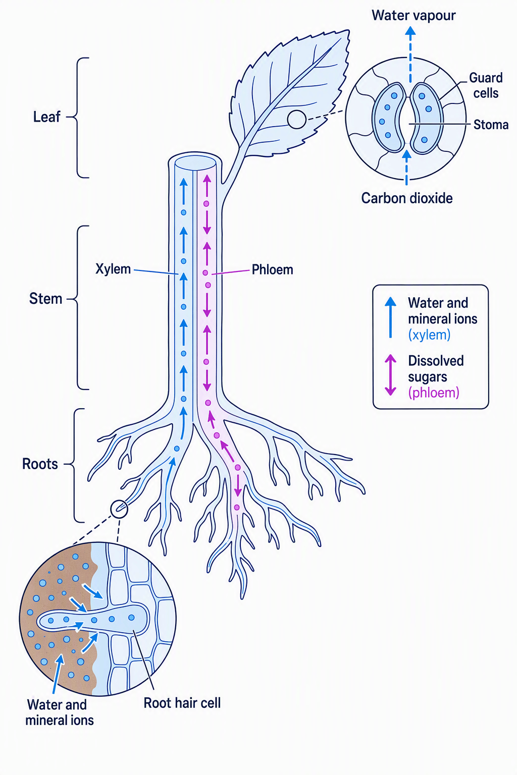 Labelled plant transport system showing root hair absorption, xylem, phloem, stomata, and water vapour loss