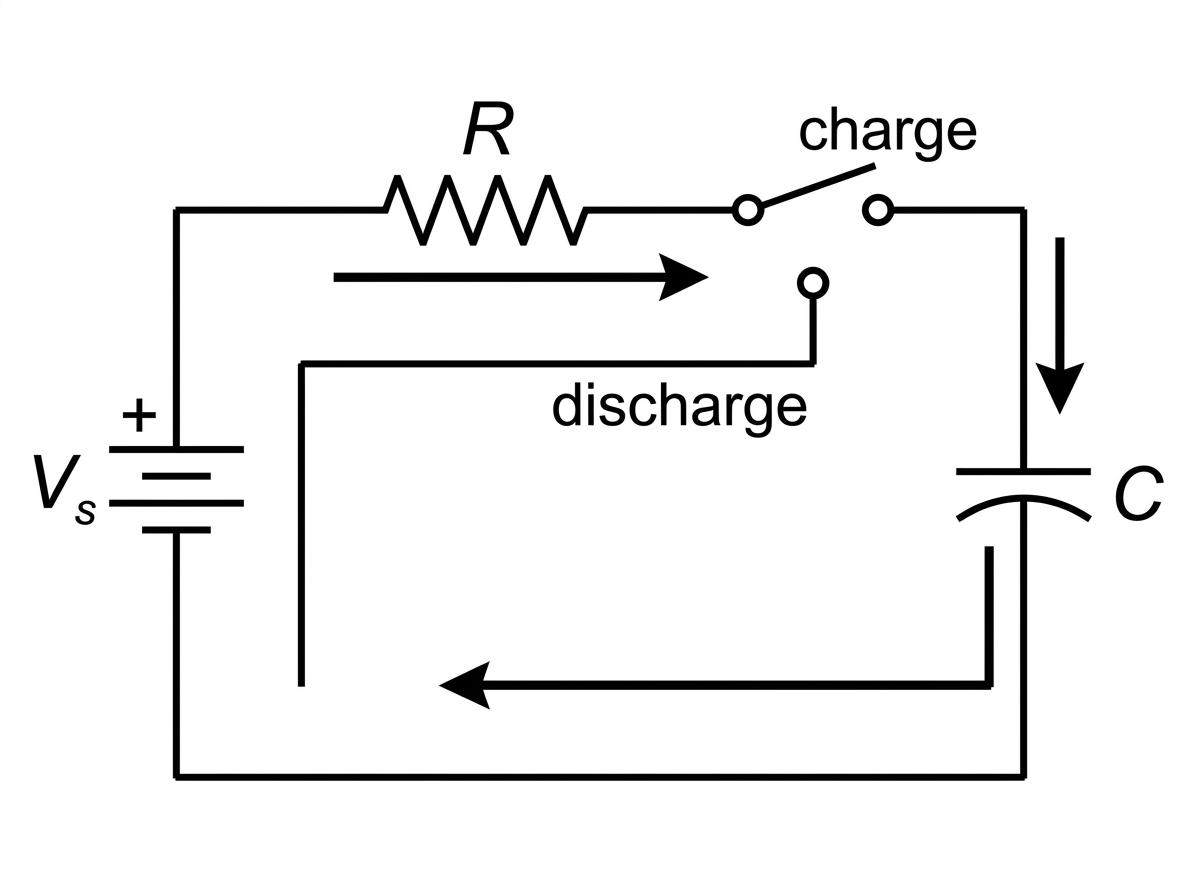 Circuit schematic with battery, resistor, capacitor, and a two-way switch labelled for charge and discharge positions