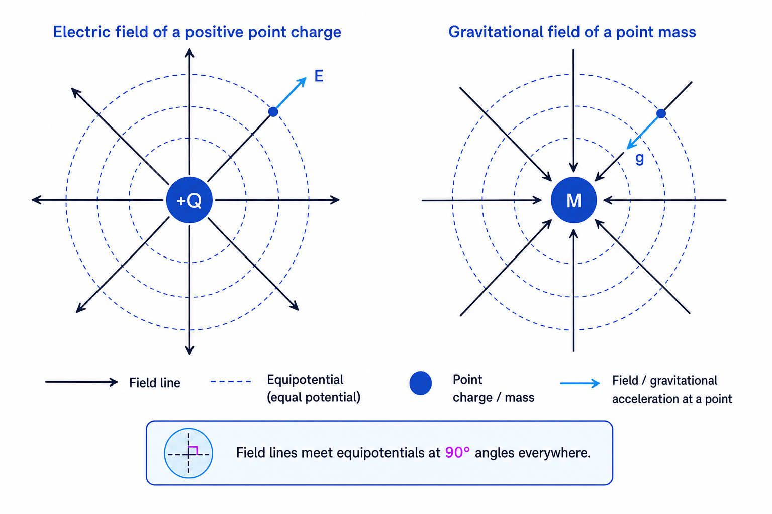 Side-by-side diagrams of a positive point charge with outward electric field lines and a point mass with inward gravitational field lines, both with concentric equipotential circles meeting the field lines at right angles