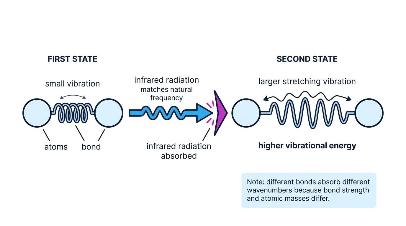 Concept diagram showing a covalent bond as a spring before and after absorbing matching infrared radiation, with larger stretching vibration and higher vibrational energy labelled