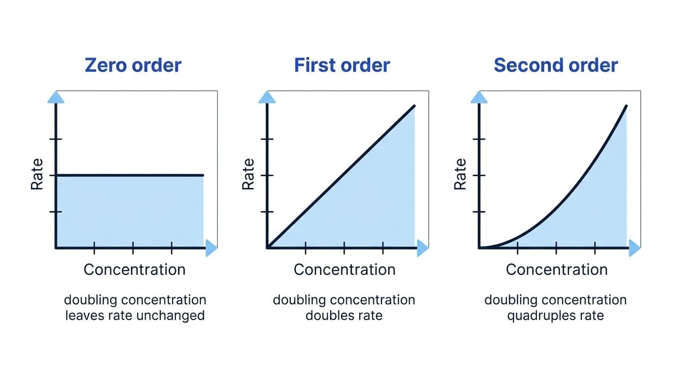 Three graphs of rate against concentration for zero order, first order and second order reactions