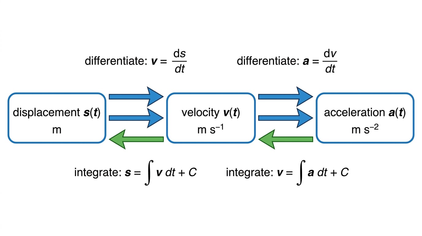 Diagram linking displacement s(t), velocity v(t), and acceleration a(t) with differentiation arrows forwards and integration arrows backwards
