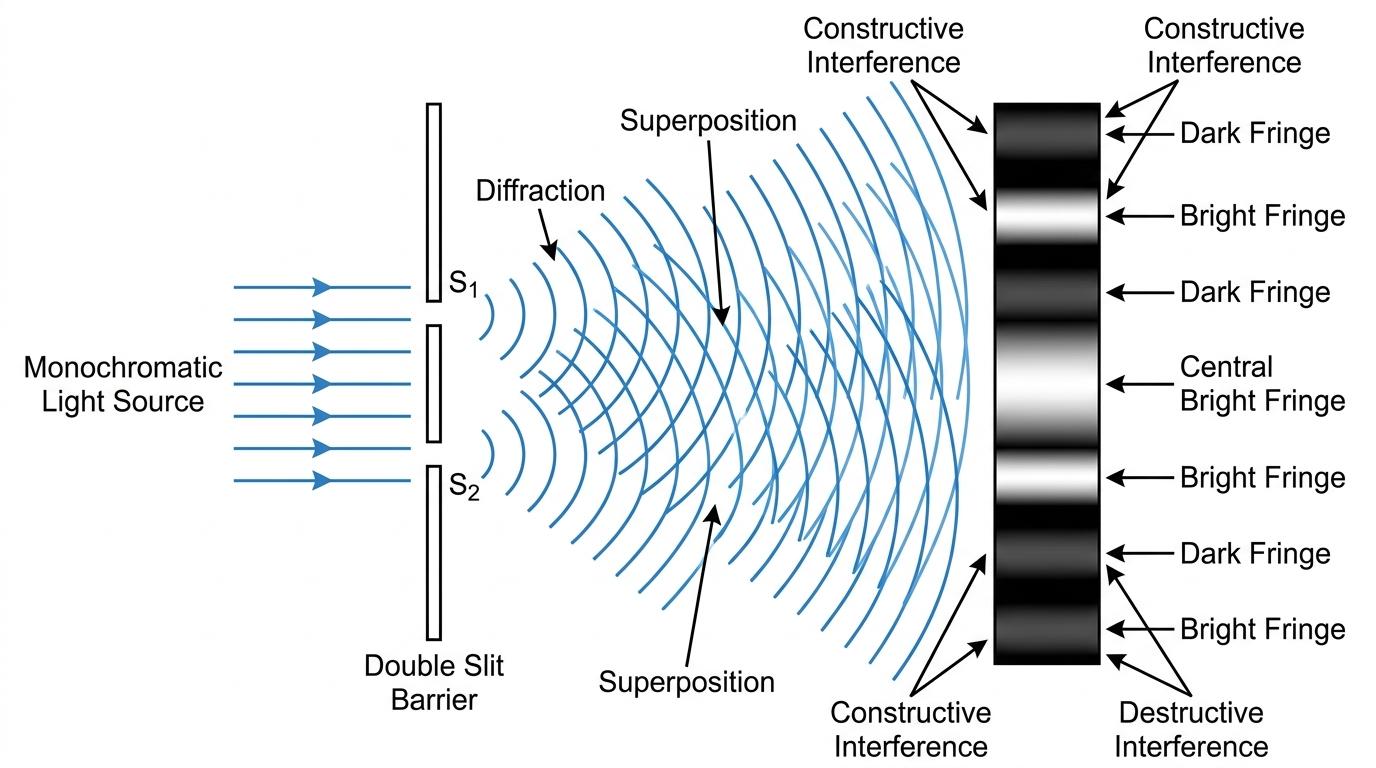 Labelled Young's double slit apparatus with a monochromatic source, two narrow slits, overlapping diffracted waves, and alternating bright and dark fringes on a screen