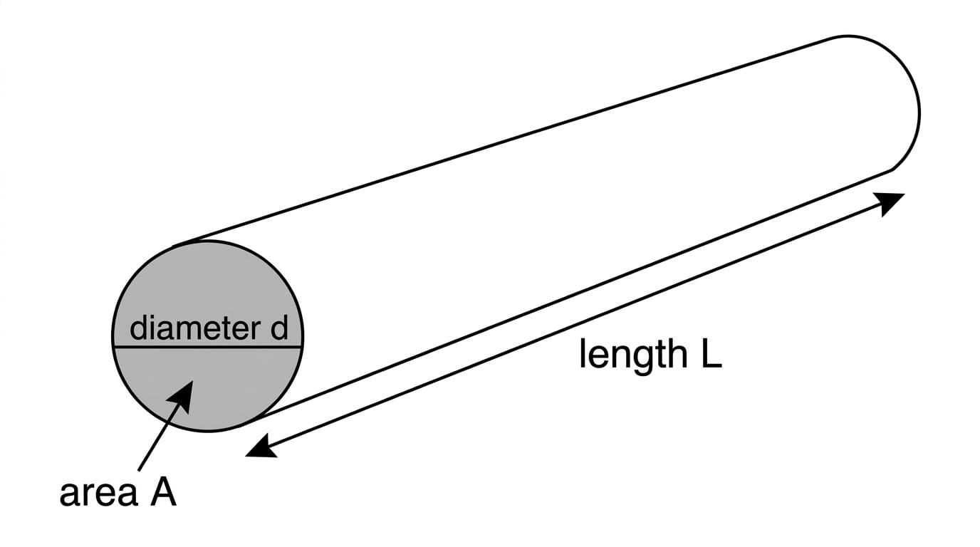 Labeled cylindrical wire showing length L, circular cross-section, diameter d, and shaded area A