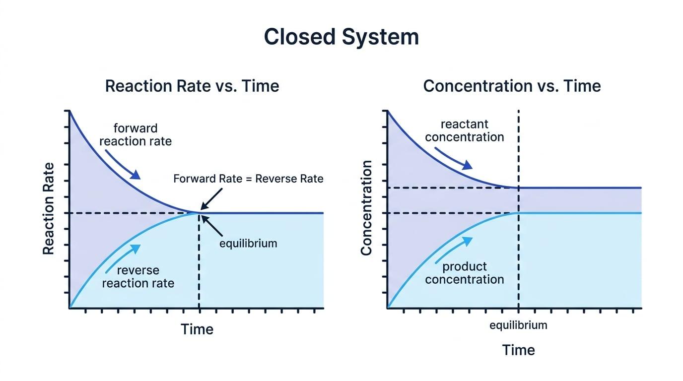 Three-panel graph showing a closed system reaching dynamic equilibrium, with forward and reverse reaction rates becoming equal and reactant and product concentrations leveling off at different constant values