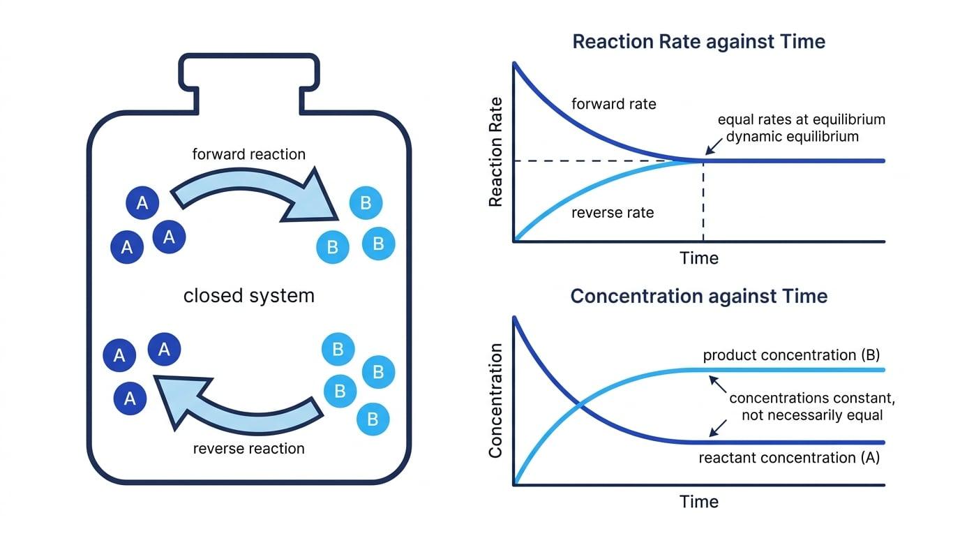 Sealed flask showing reactant A and product B interconverting, with forward and reverse rates becoming equal and concentrations becoming constant over time